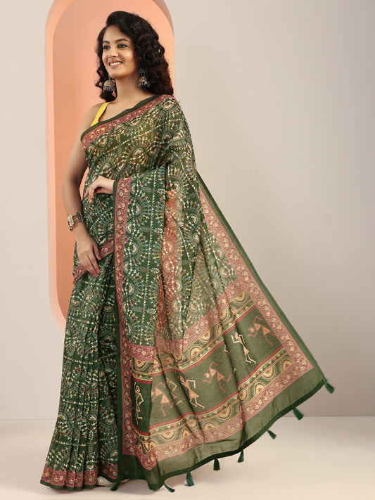 Green Printed Silk Blend Saree With Unstitched Blouse Piece