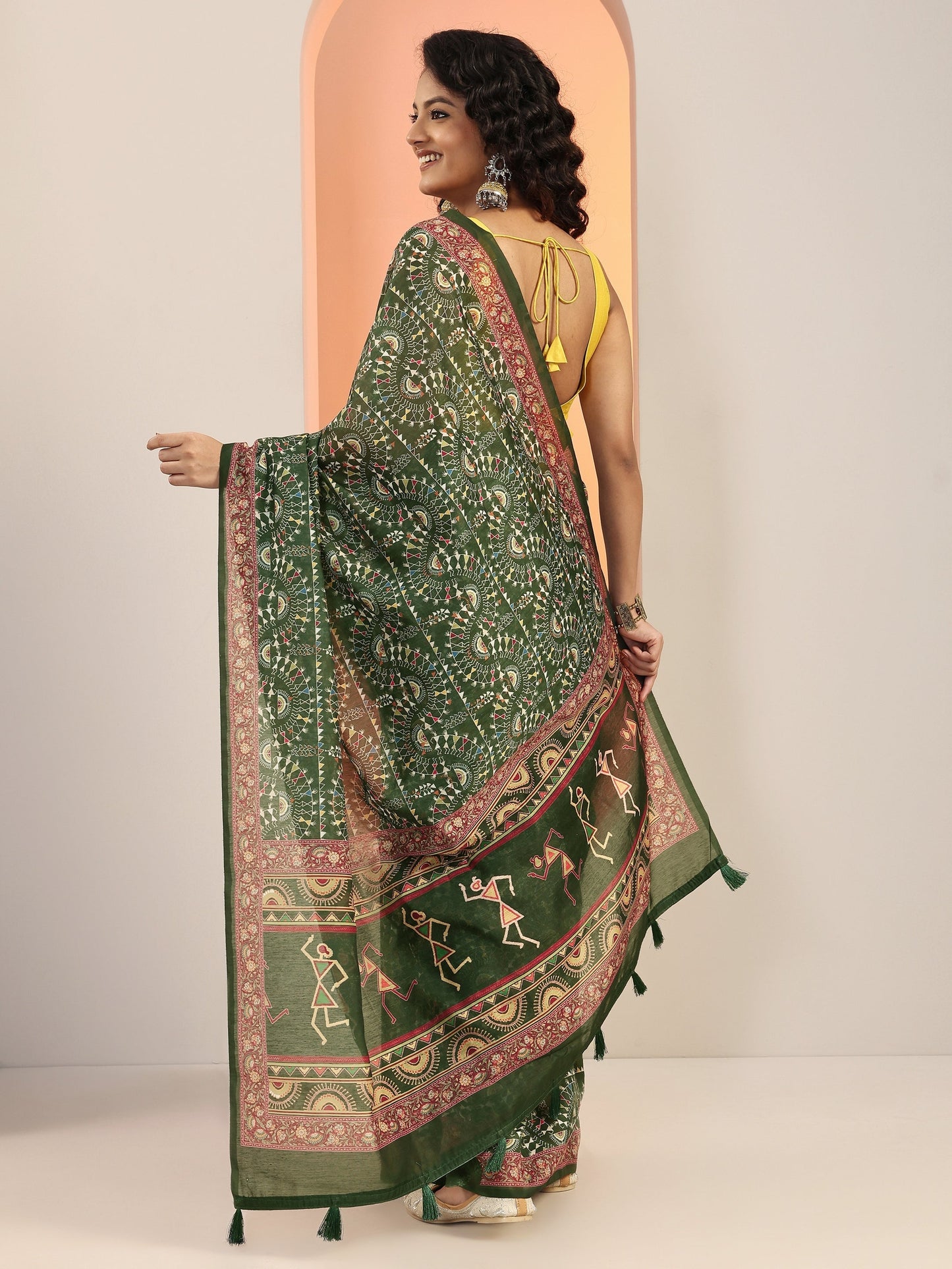 Green Printed Silk Blend Saree With Unstitched Blouse Piece