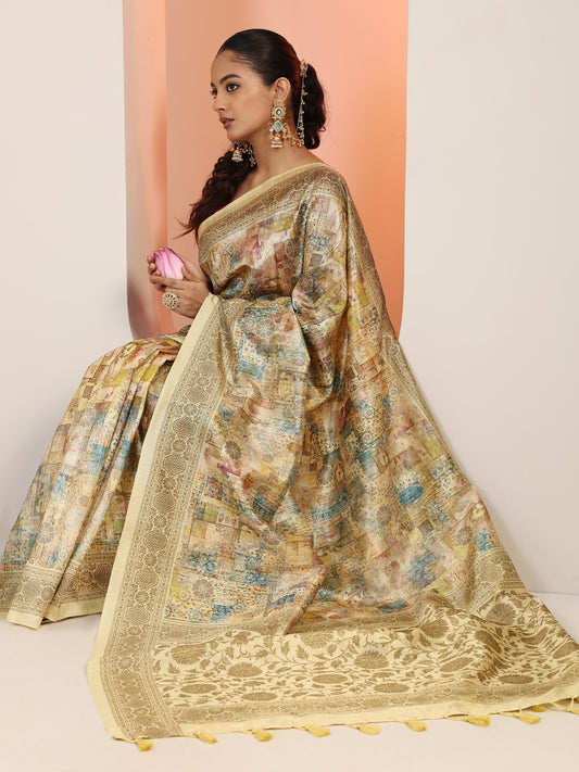 Beige Printed Silk Blend Saree With Unstitched Blouse Piece