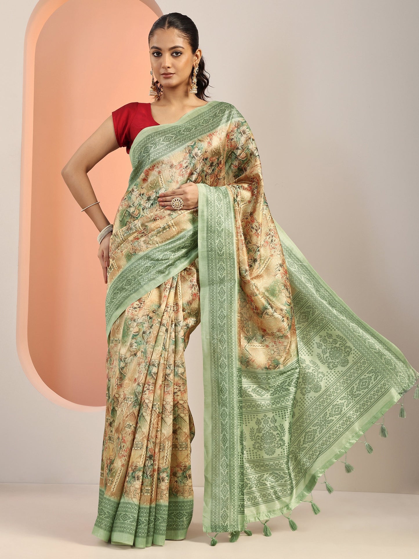 Green Printed Silk Blend Saree With Unstitched Blouse Piece