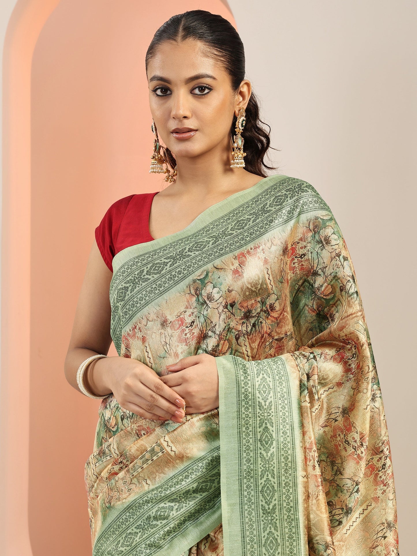Green Printed Silk Blend Saree With Unstitched Blouse Piece