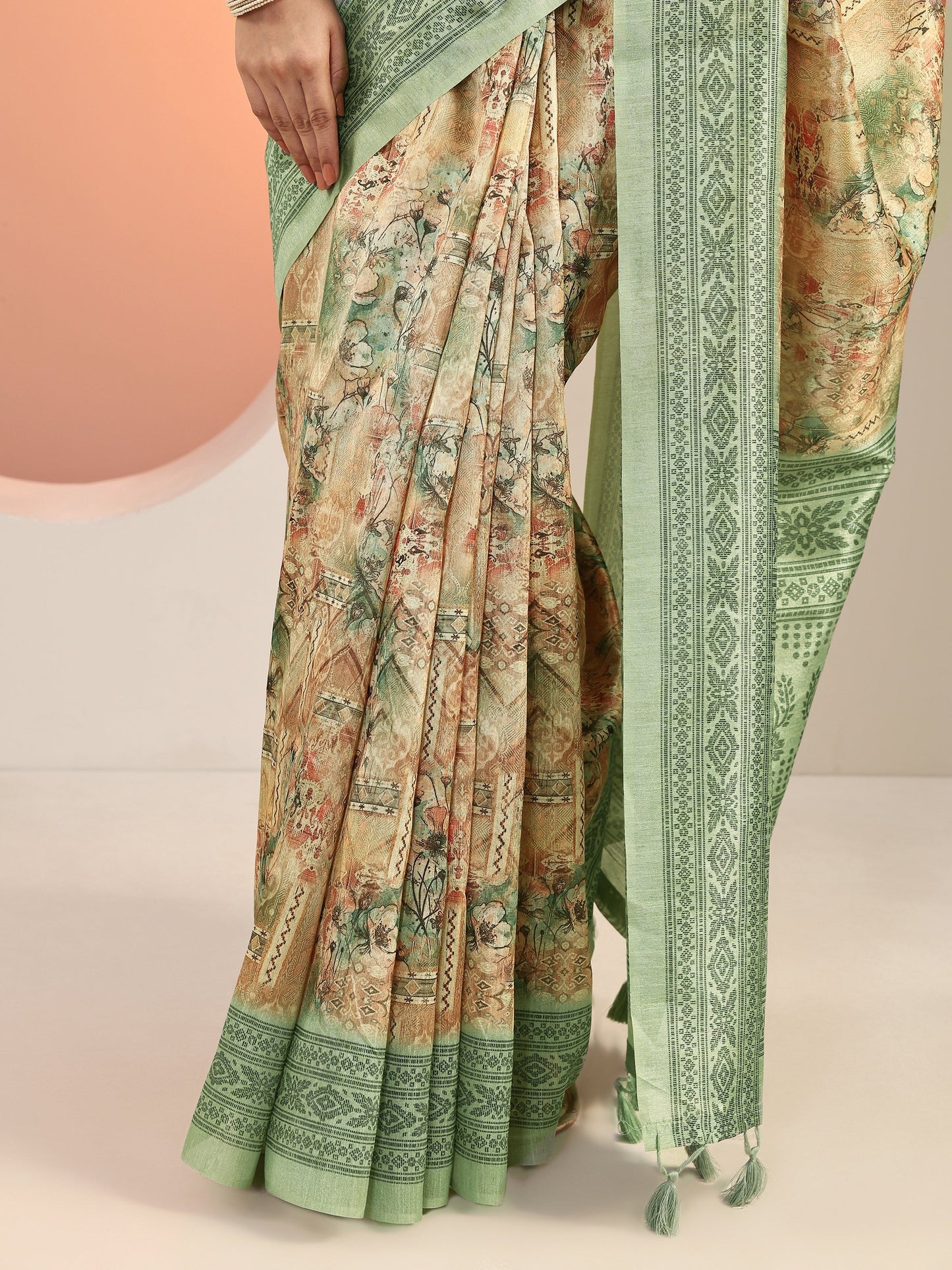 Green Printed Silk Blend Saree With Unstitched Blouse Piece