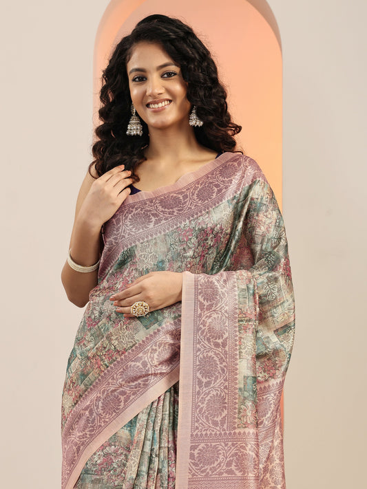 Multi Printed Silk Blend Saree With Unstitched Blouse Piece