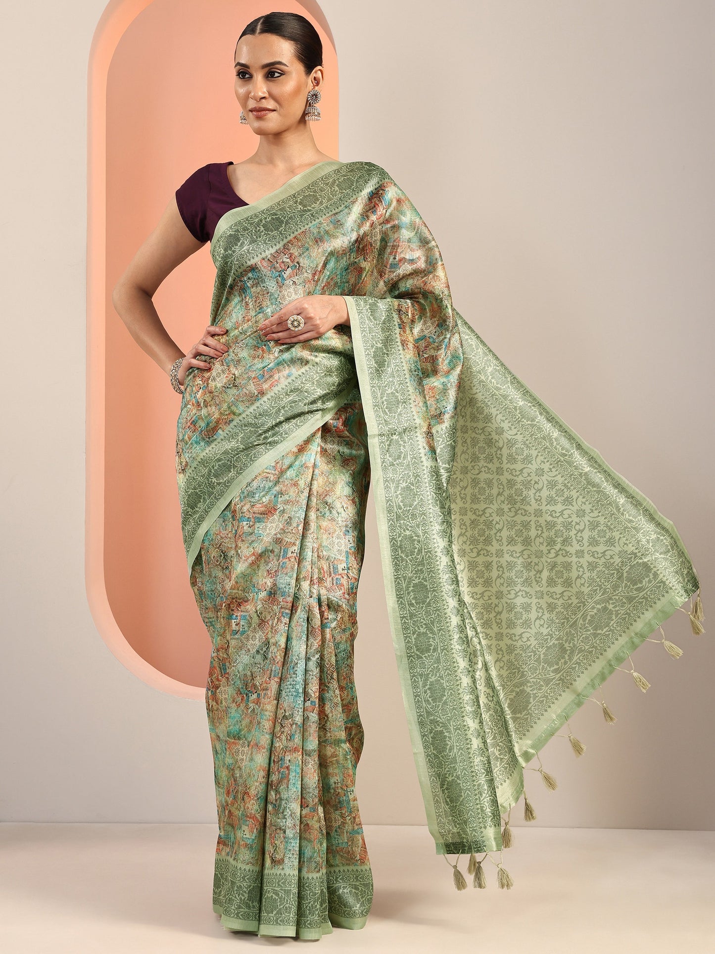 Multi Printed Silk Blend Saree With Unstitched Blouse Piece