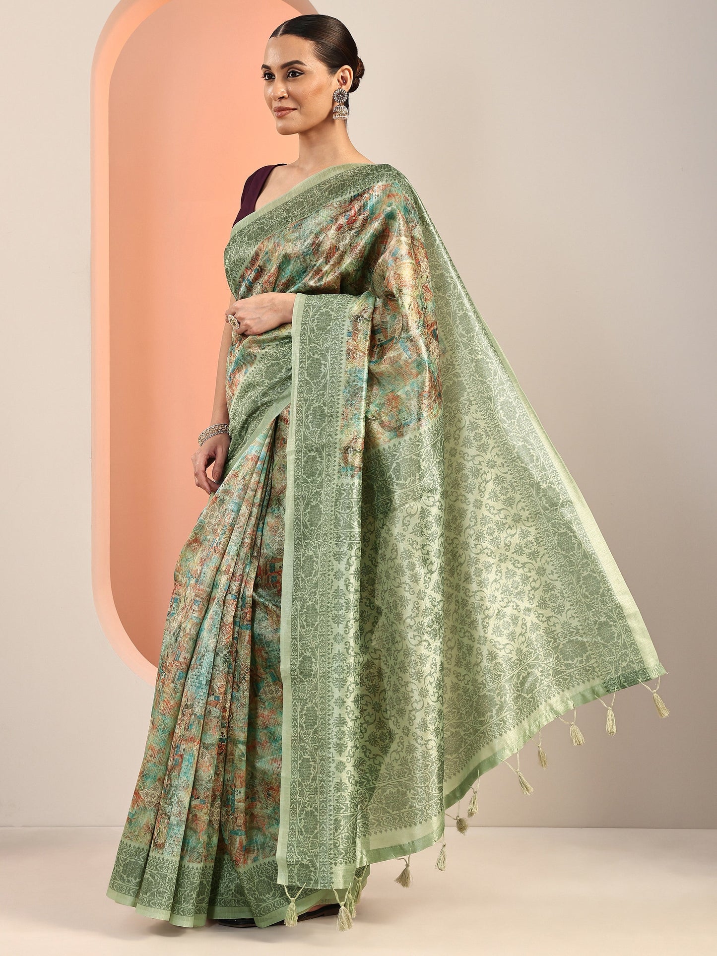 Multi Printed Silk Blend Saree With Unstitched Blouse Piece
