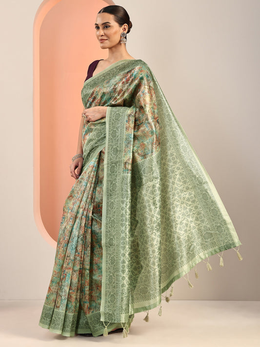 Multi Printed Silk Blend Saree With Unstitched Blouse Piece
