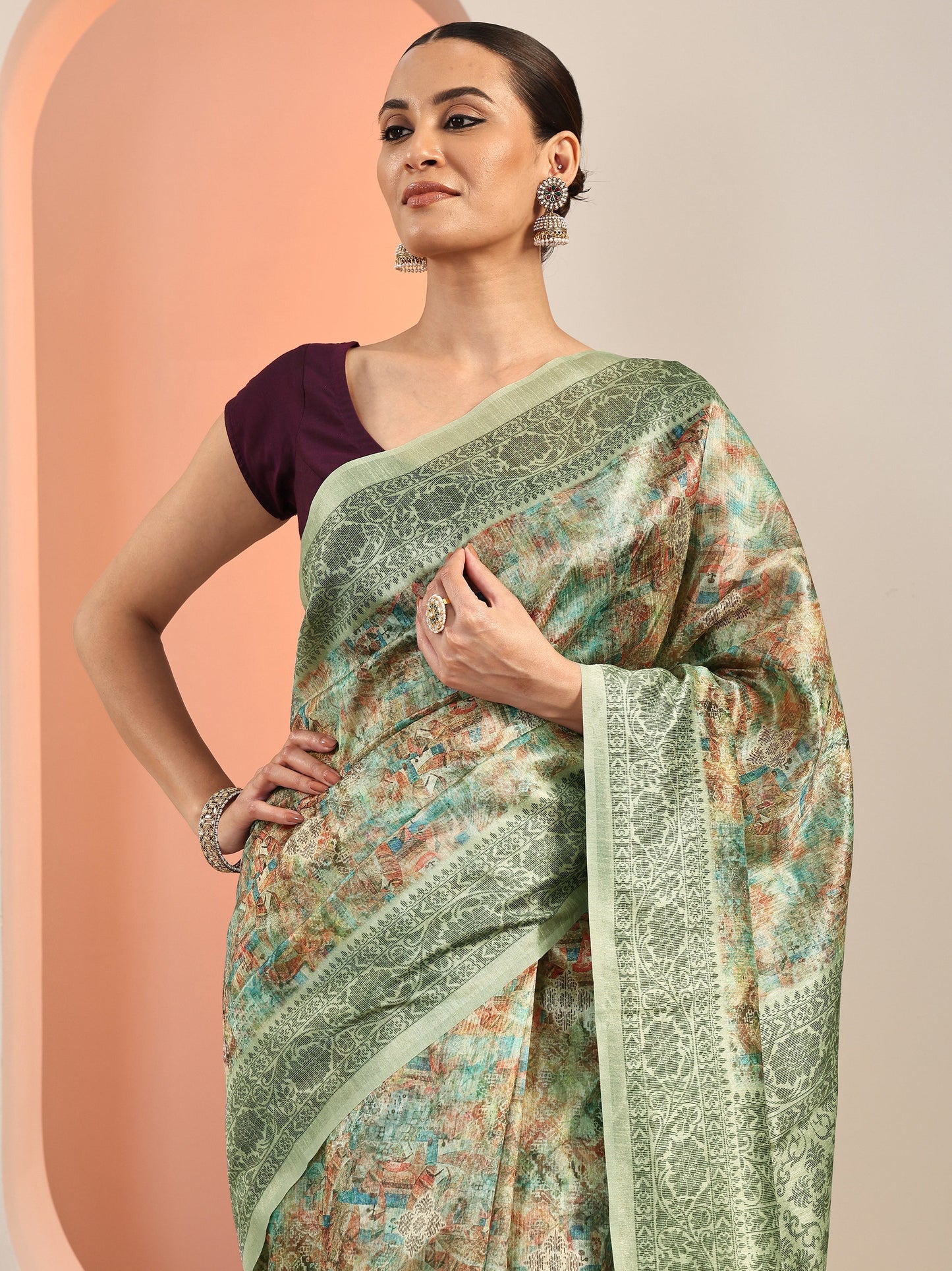 Multi Printed Silk Blend Saree With Unstitched Blouse Piece