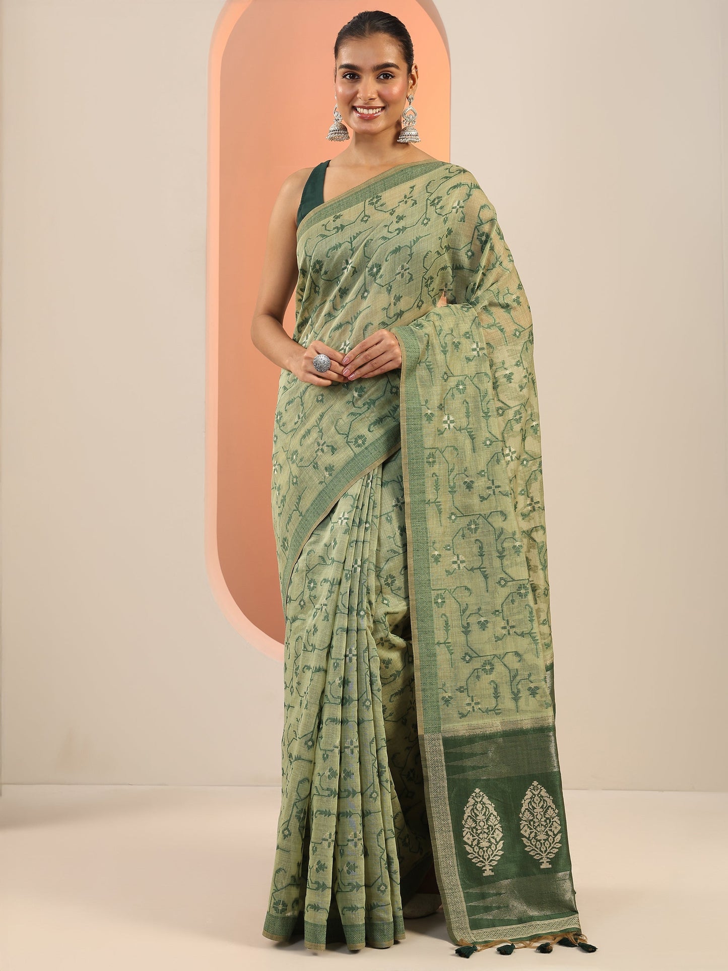 Green Woven Design Cotton Saree With Unstitched Blouse Piece