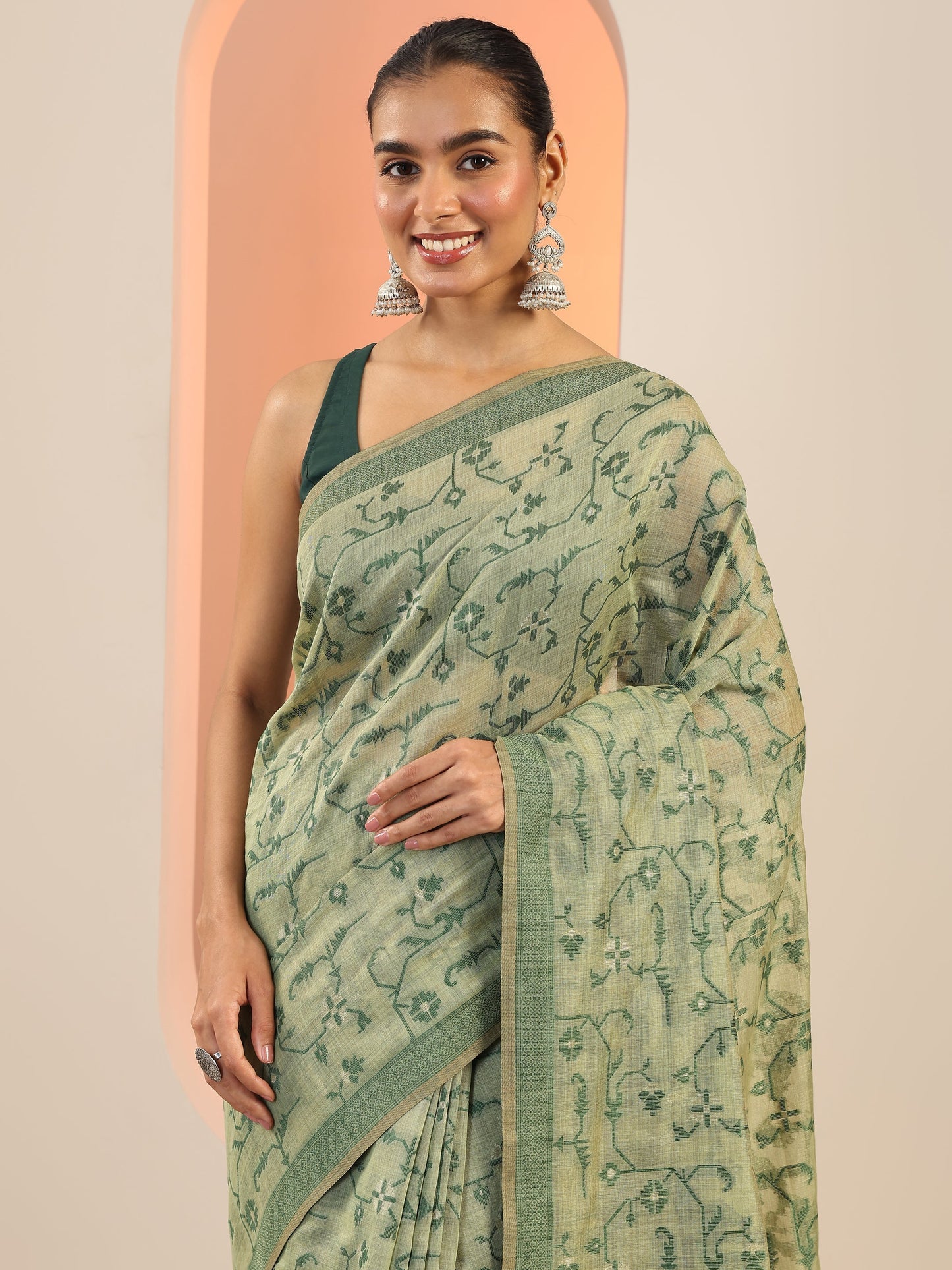 Green Woven Design Cotton Saree With Unstitched Blouse Piece