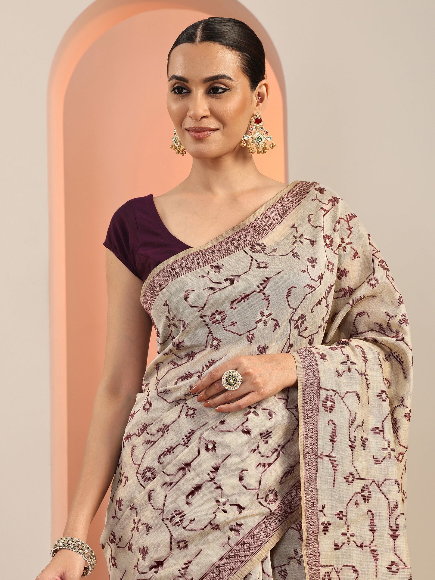 Rust Woven Cotton Blend Saree With Unstitched Blouse Piece