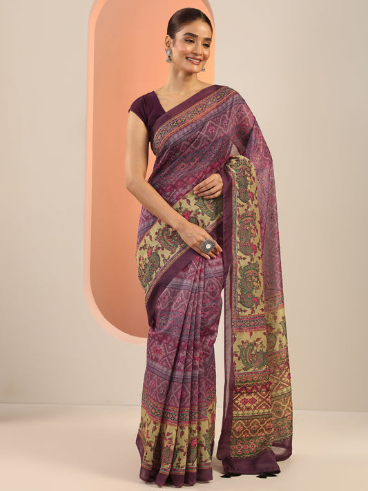 Lavender Printed Silk Saree With Unstitched Blouse Piece