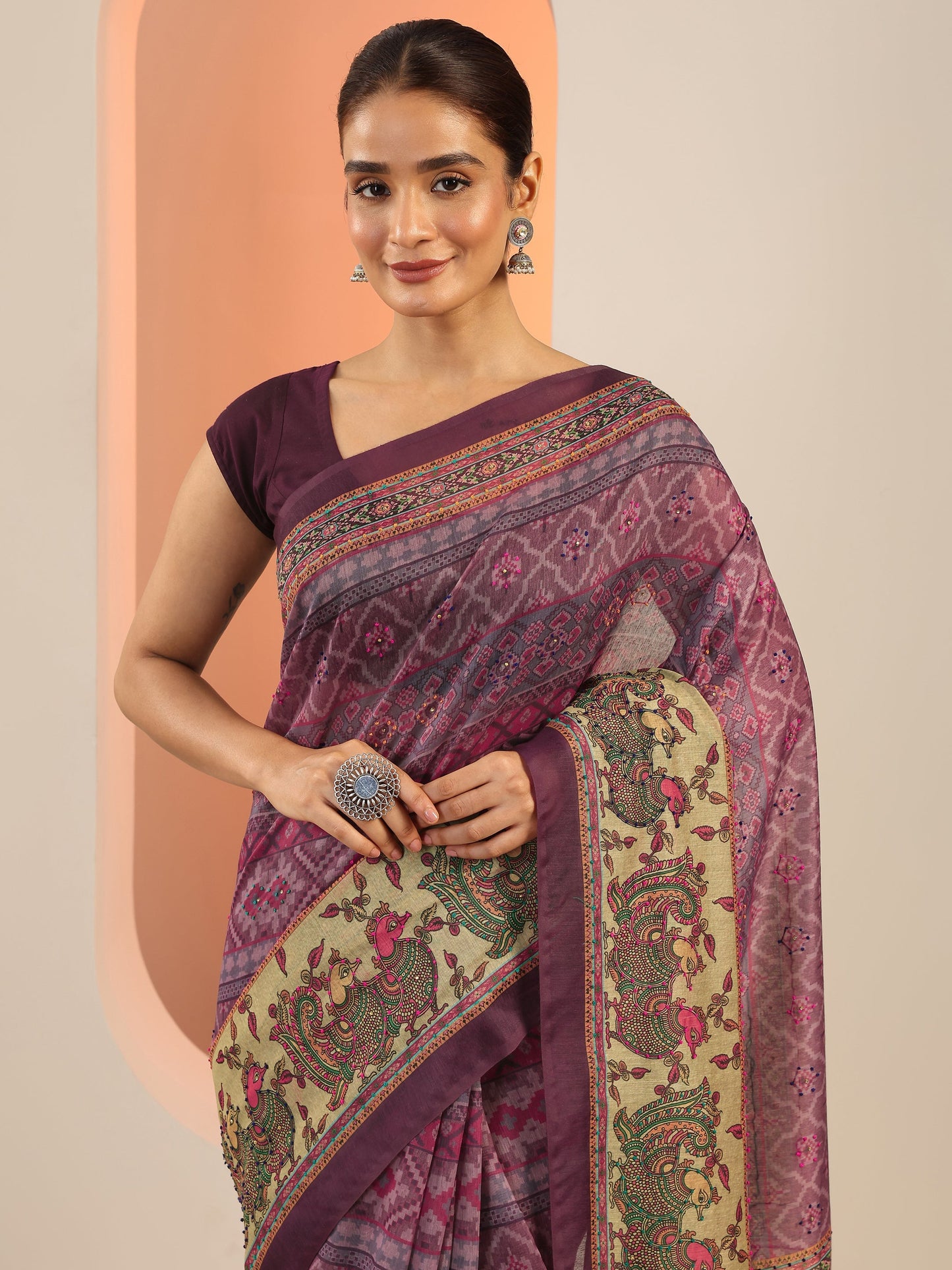 Lavender Printed Silk Saree With Unstitched Blouse Piece