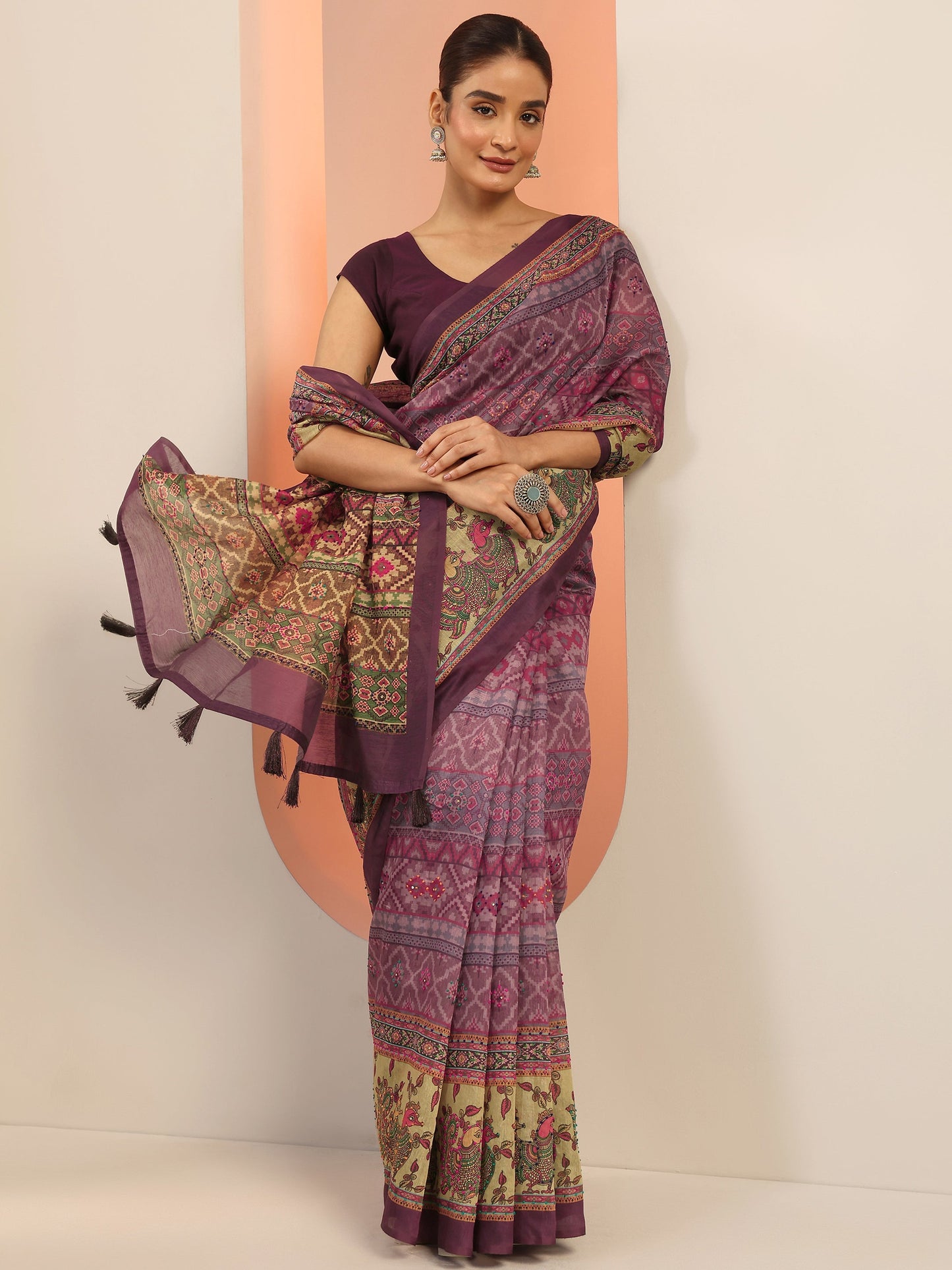 Lavender Printed Silk Saree With Unstitched Blouse Piece