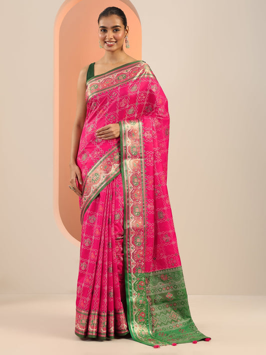 Pink Woven Silk Blend Saree With Unstitched Blouse Piece