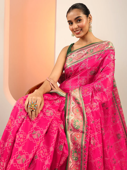Pink Woven Silk Blend Saree With Unstitched Blouse Piece