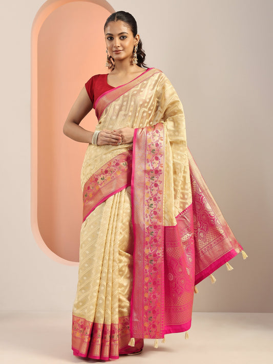 Beige Woven Silk Blend Saree With Unstitched Blouse Piece