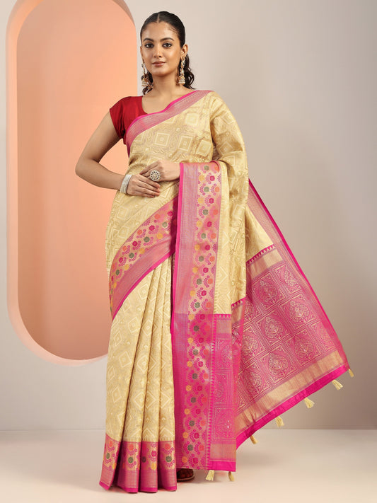 Beige Woven Silk Blend Saree With Unstitched Blouse Piece