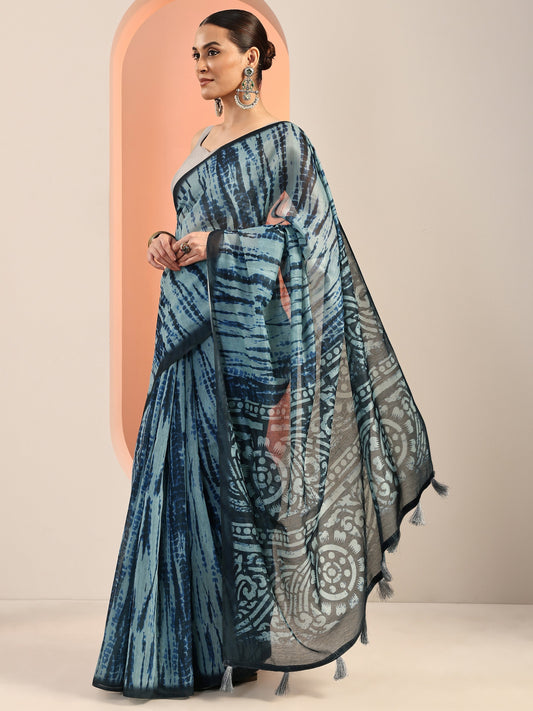 Blue Printed Silk Blend Saree With Unstitched Blouse Piece