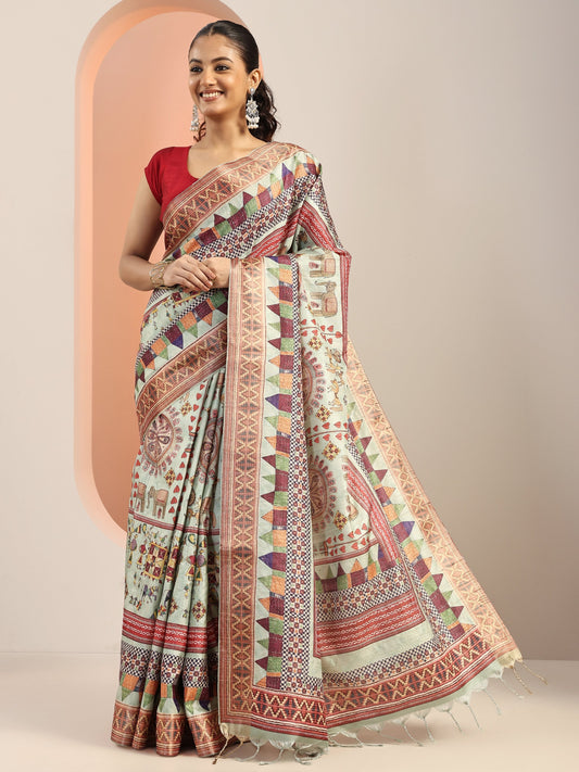 Green Printed Silk Blend Saree With Unstitched Blouse Piece