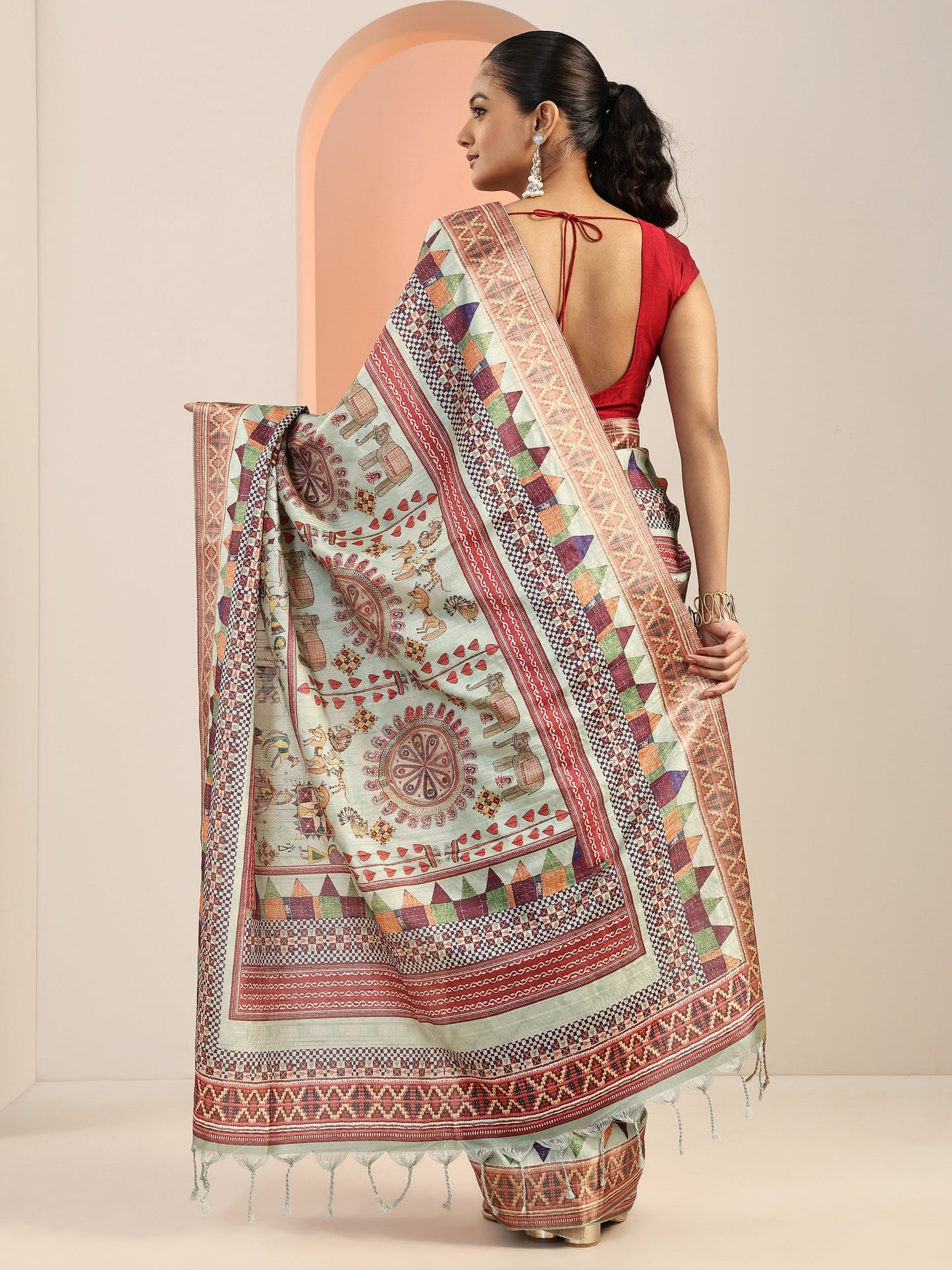 Green Printed Silk Blend Saree With Unstitched Blouse Piece