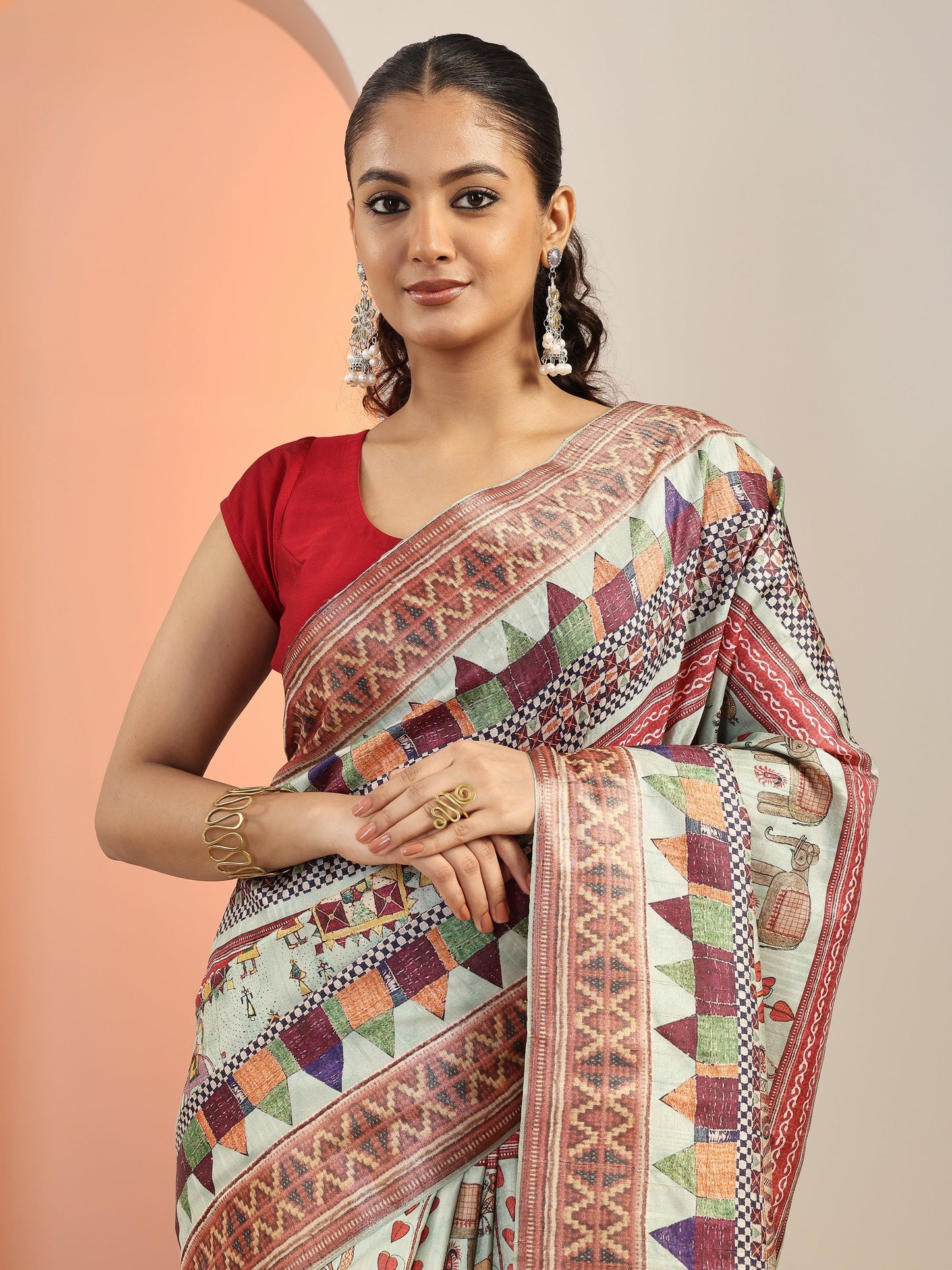 Green Printed Silk Blend Saree With Unstitched Blouse Piece