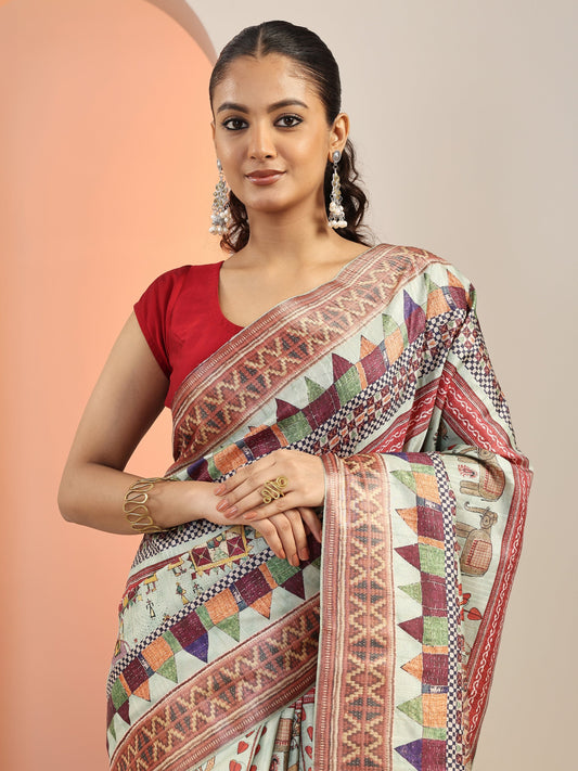 Green Printed Silk Blend Saree With Unstitched Blouse Piece