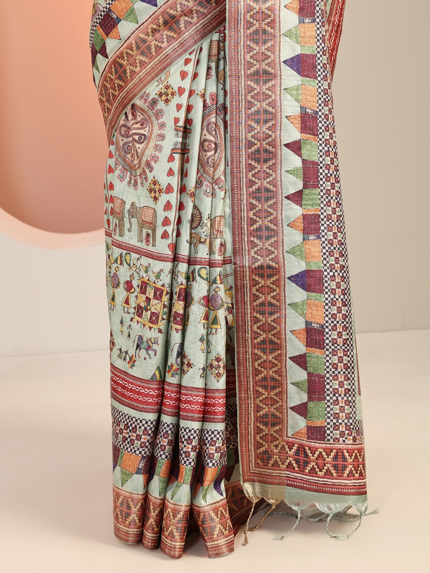 Green Printed Silk Blend Saree With Unstitched Blouse Piece