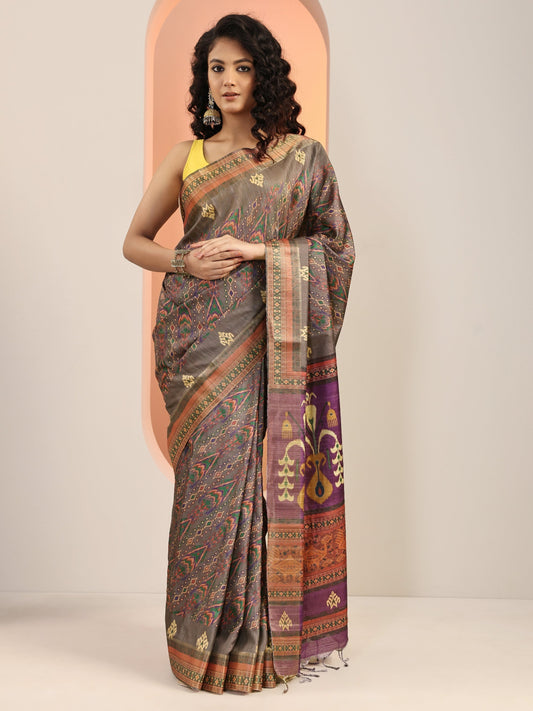 Grey Printed Silk Blend Saree With Unstitched Blouse Piece