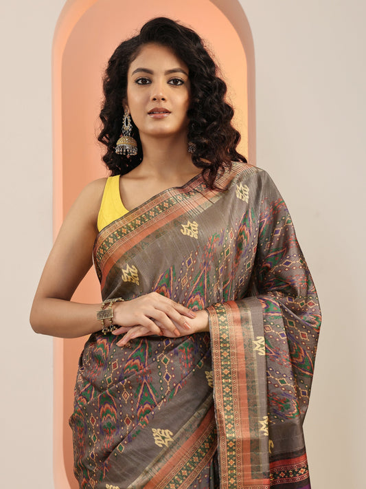 Grey Printed Silk Blend Saree With Unstitched Blouse Piece