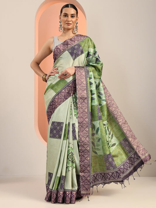 Green Printed Silk Blend Saree With Unstitched Blouse Piece