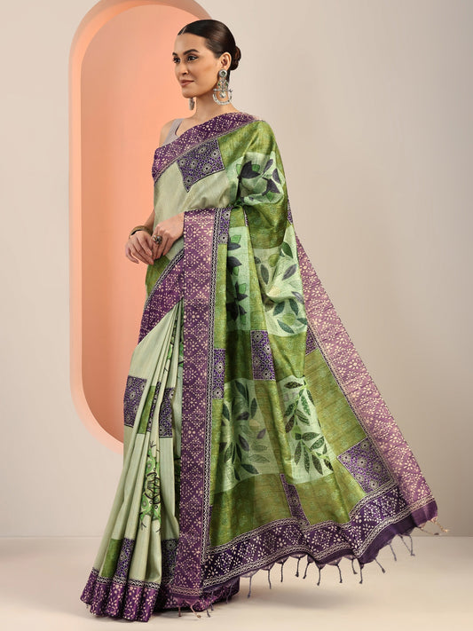 Green Printed Silk Blend Saree With Unstitched Blouse Piece