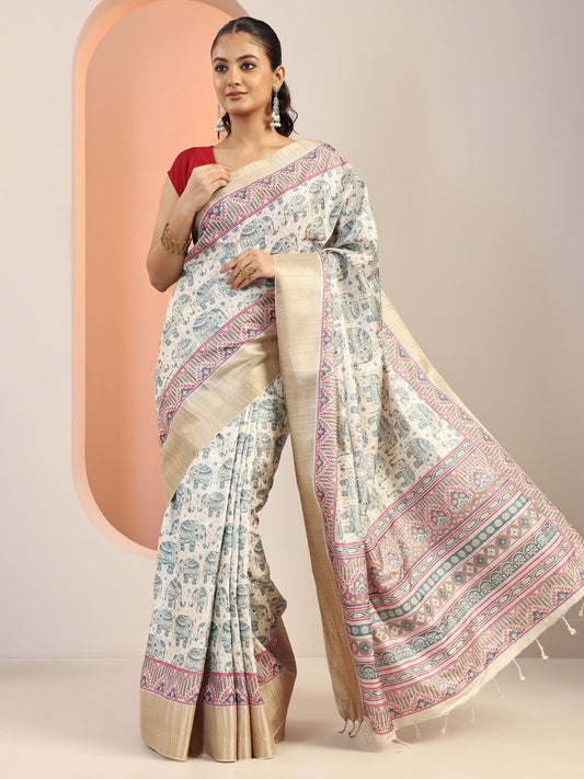 Off White Printed Silk Blend Saree With Unstitched Blouse Piece