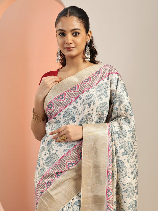 Off White Printed Silk Blend Saree With Unstitched Blouse Piece