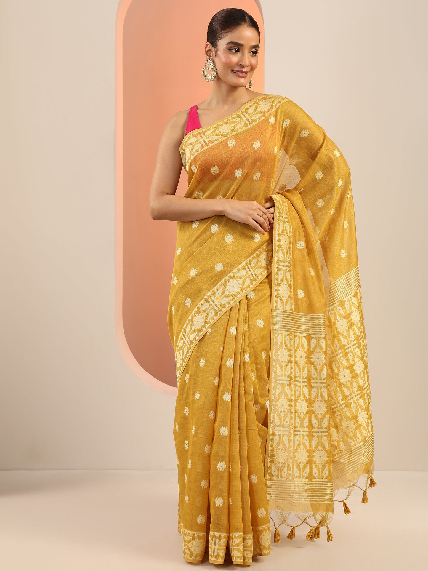 Mustard Woven Design Cotton Saree With Unstitched Blouse Piece