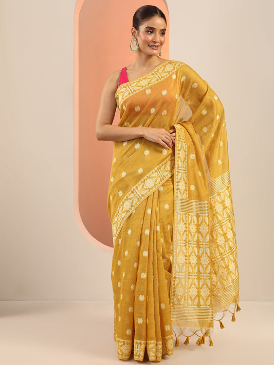 Mustard Woven Design Cotton Saree With Unstitched Blouse Piece