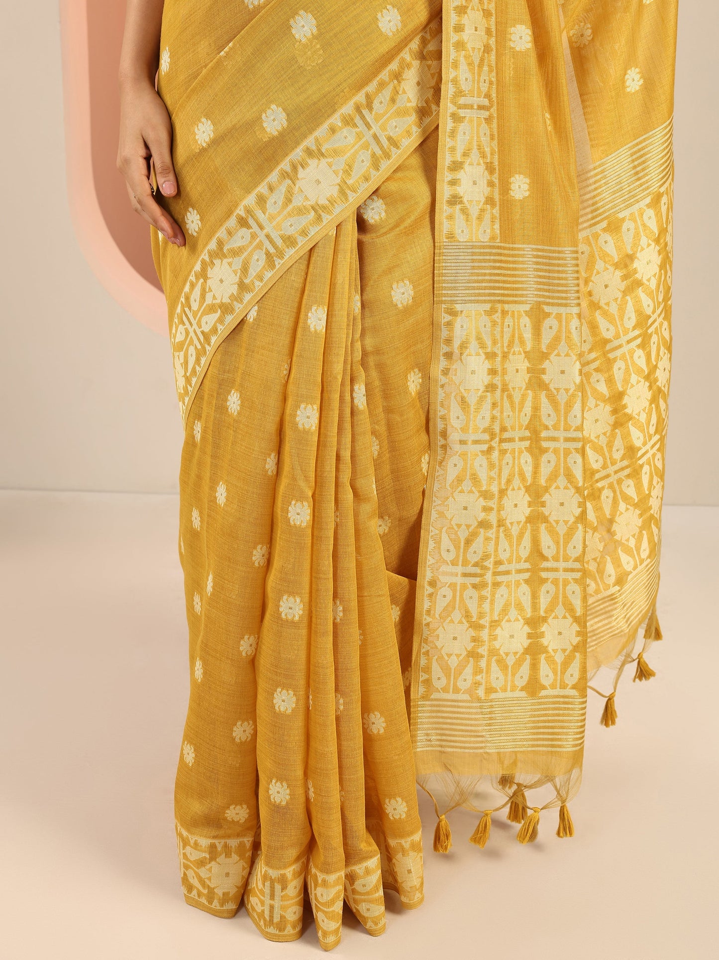 Mustard Woven Design Cotton Saree With Unstitched Blouse Piece