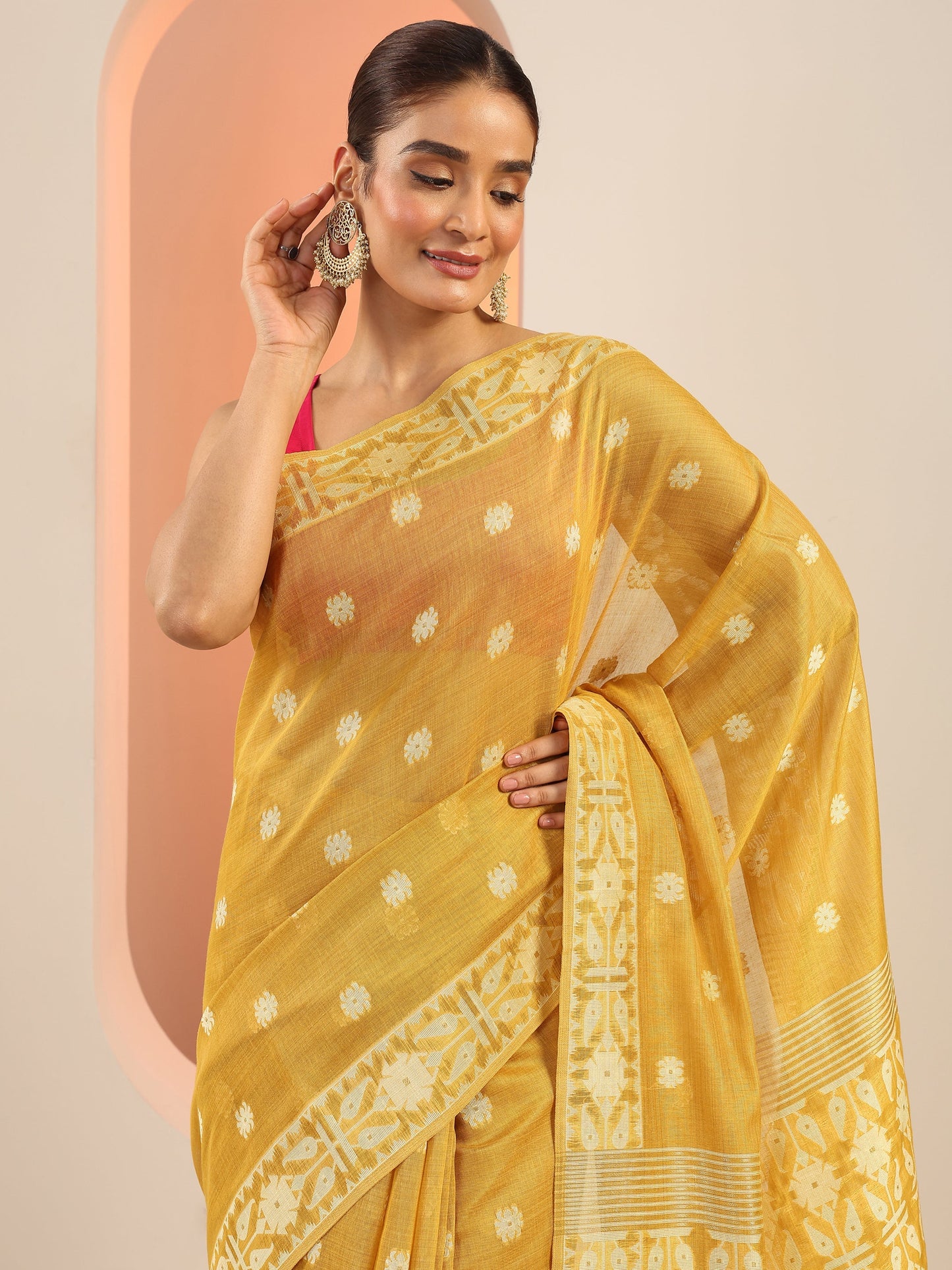 Mustard Woven Design Cotton Saree With Unstitched Blouse Piece