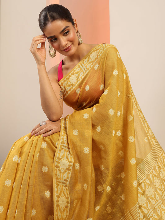 Mustard Woven Design Cotton Saree With Unstitched Blouse Piece