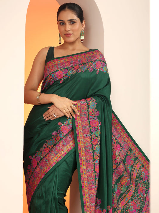 Green Printed Silk Blend Saree With Unstitched Blouse Piece
