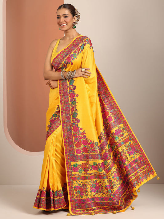 Yellow Printed Silk Blend Saree With Unstitched Blouse Piece