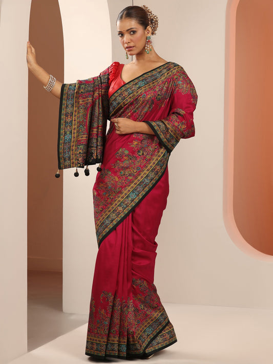 Red Printed Silk Blend Saree With Unstitched Blouse Piece