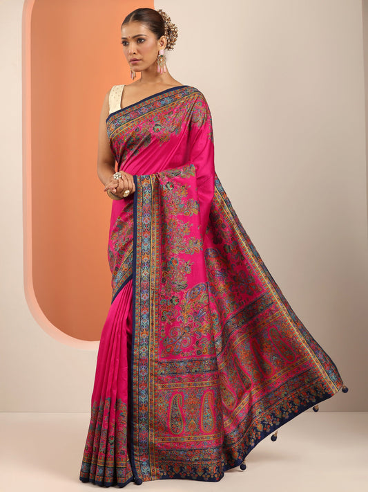 Pink Printed Silk Blend Saree With Unstitched Blouse Piece