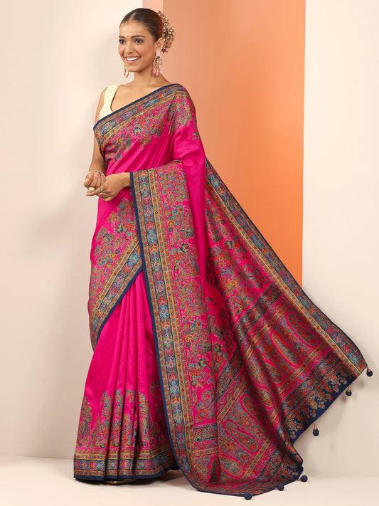 Pink Printed Silk Blend Saree With Unstitched Blouse Piece