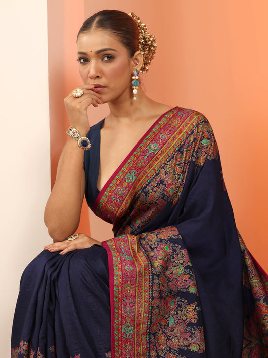 Navy Blue Printed Silk Blend Saree With Unstitched Blouse Piece