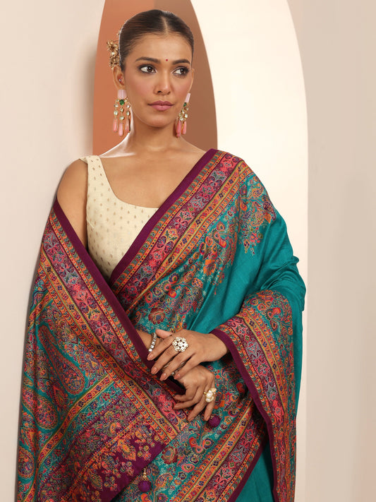 Teal Printed Silk Blend Saree With Unstitched Blouse Piece