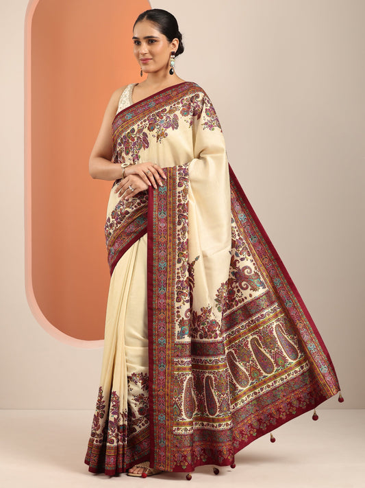 Cream Printed Silk Blend Saree With Unstitched Blouse Piece