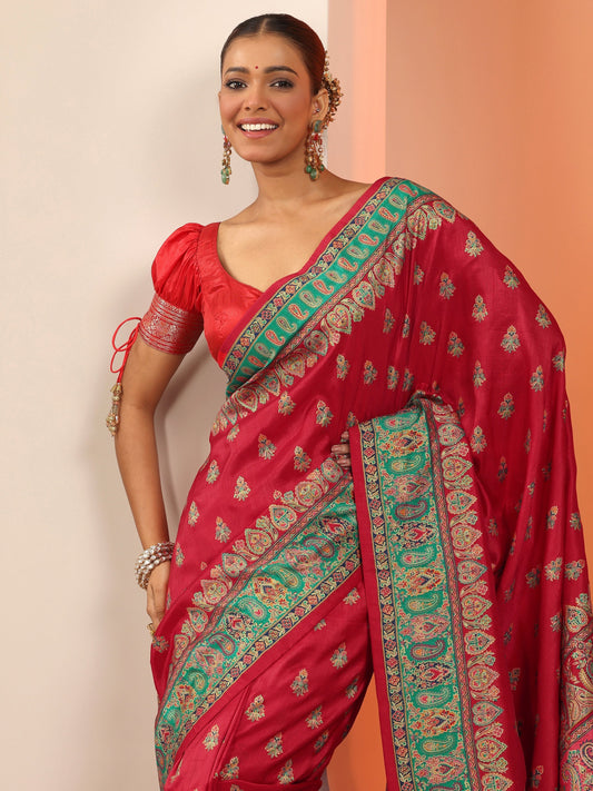 Red Printed Silk Blend Saree With Unstitched Blouse Piece