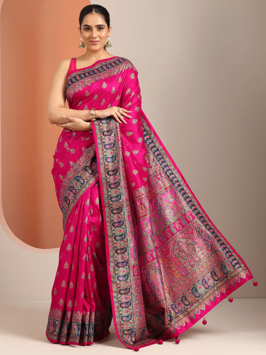 Pink Printed Silk Blend Saree With Unstitched Blouse Piece