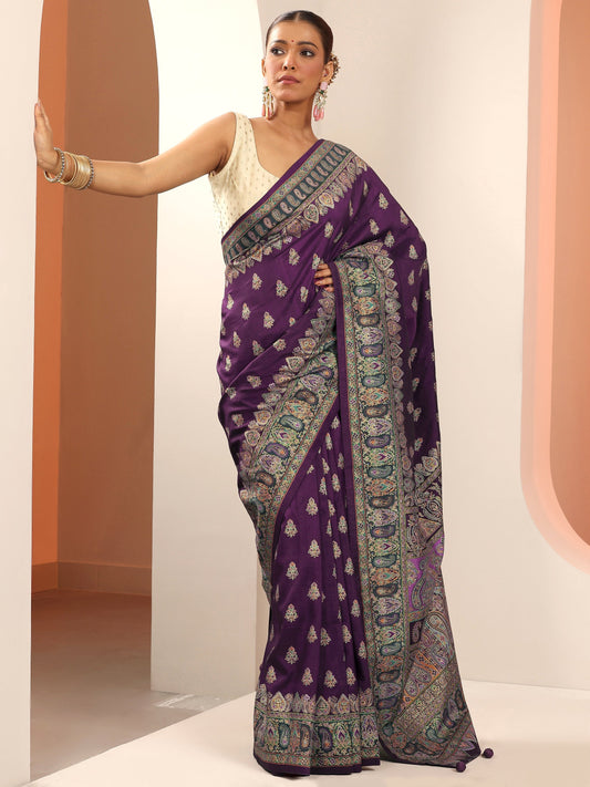 Purple Printed Silk Blend Saree With Unstitched Blouse Piece