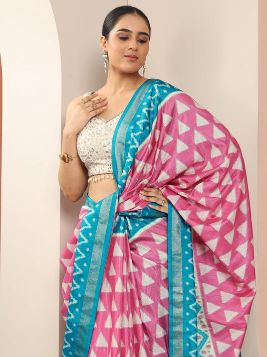Pink Printed Silk Blend Saree With Unstitched Blouse Piece